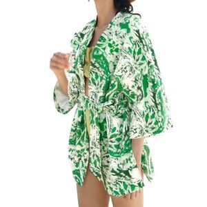 Zara Linen Blend Kimono Tie Front Mid Length Green Paisley Print Size Med/Large